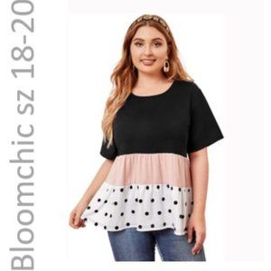 Bloomchic Women's Plus Size Casual Short Sleeve Colorblock Polka Dots Ruffles